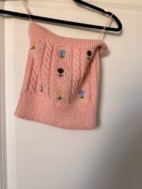 Zara Pink Strapless Floral Knit Sweater Top (M)